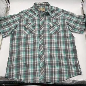 Wrangler Pearl Snap Shirt Men Size Large Green Plaid Short Sleeve Western Rodeo